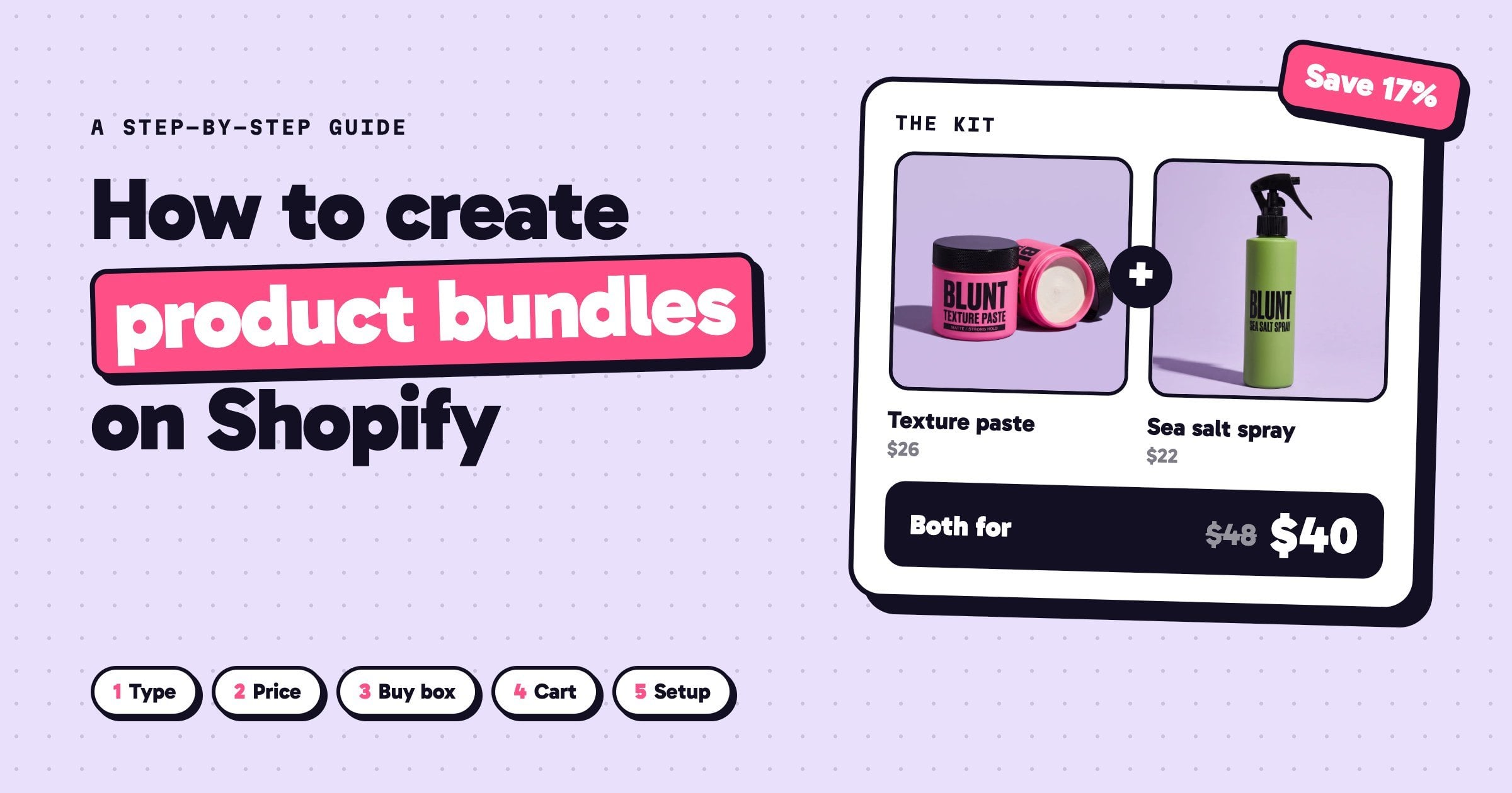 Cover - "How to create product bundles on Shopify": a bundle card with texture paste and sea salt spray, both for $40 instead of $48, save 17%