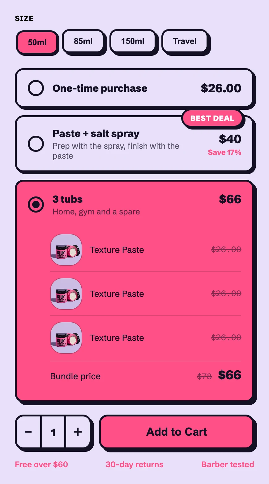 The offer rows in a Camel buy box: one-time purchase, a paste and spray kit marked best deal, and 3 tubs chosen, listing three tubs at $26 each struck through and a bundle price of $66 instead of $78