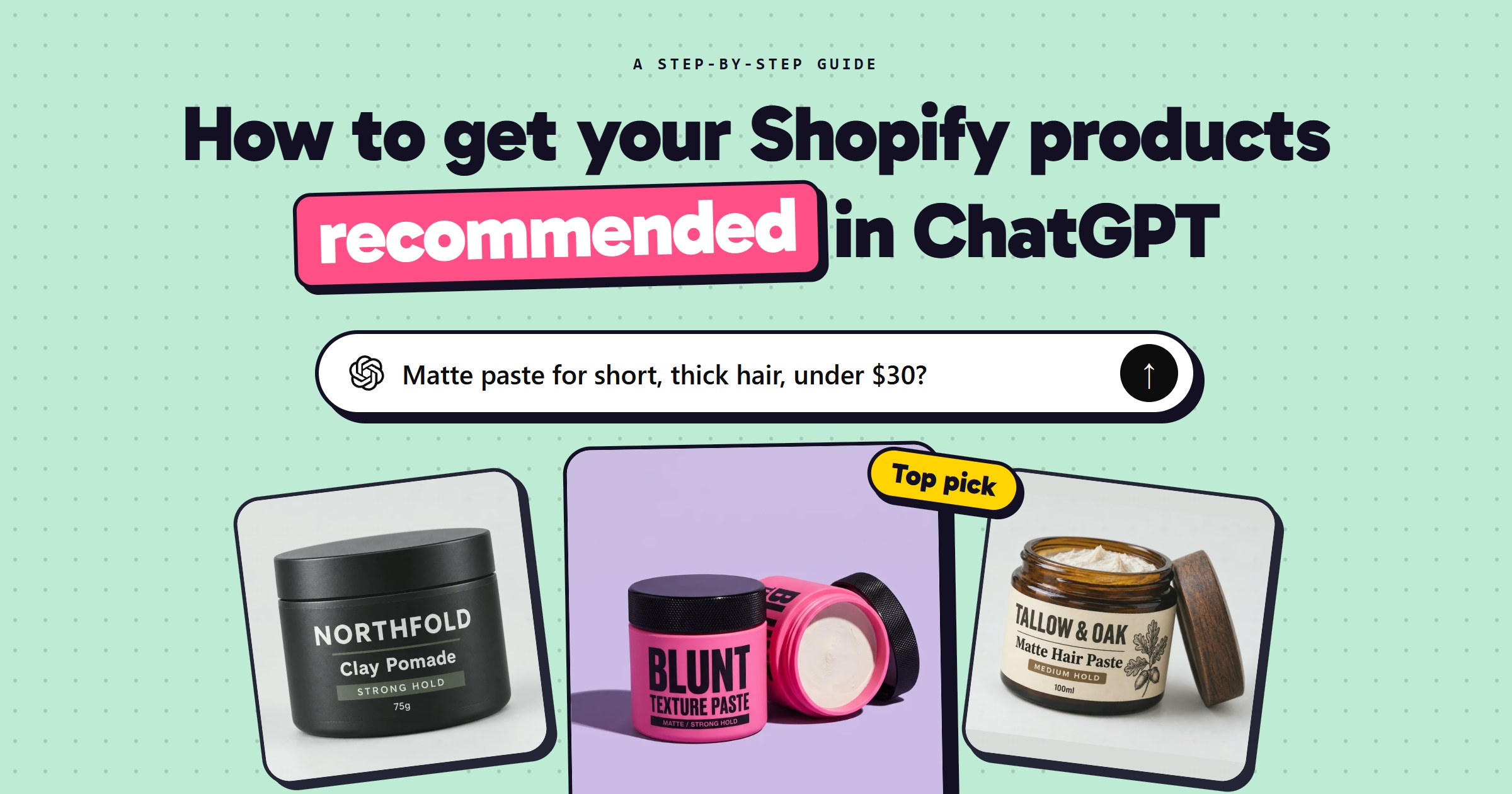 Cover - a ChatGPT question about a matte paste for thick hair, and three product cards below it with Blunt's texture paste lifted out in front, on a mint background