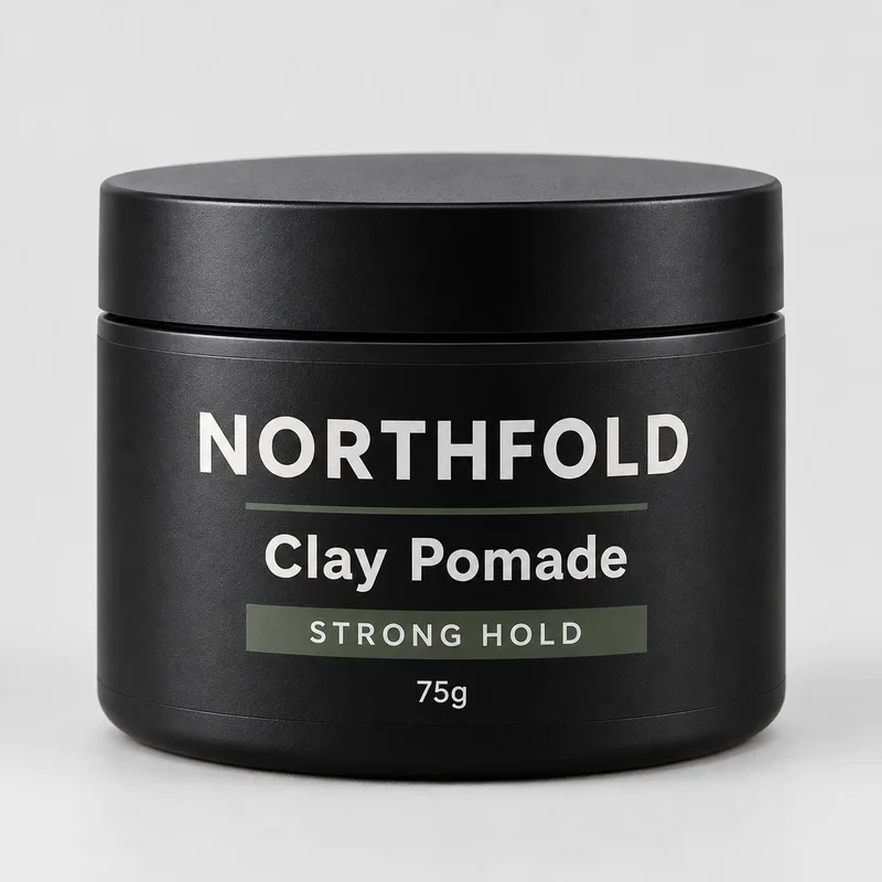 Northfold Clay Pomade, strong hold, 75g (an invented brand)