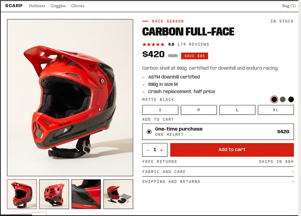 Scarp's helmet product page in the bold style: condensed capitals, square corners, a red button