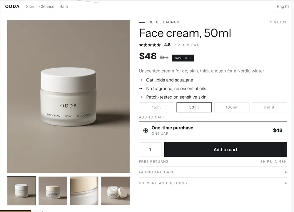 ODDA's face cream product page in the minimal style: grey and white, thin type, a black add to cart button