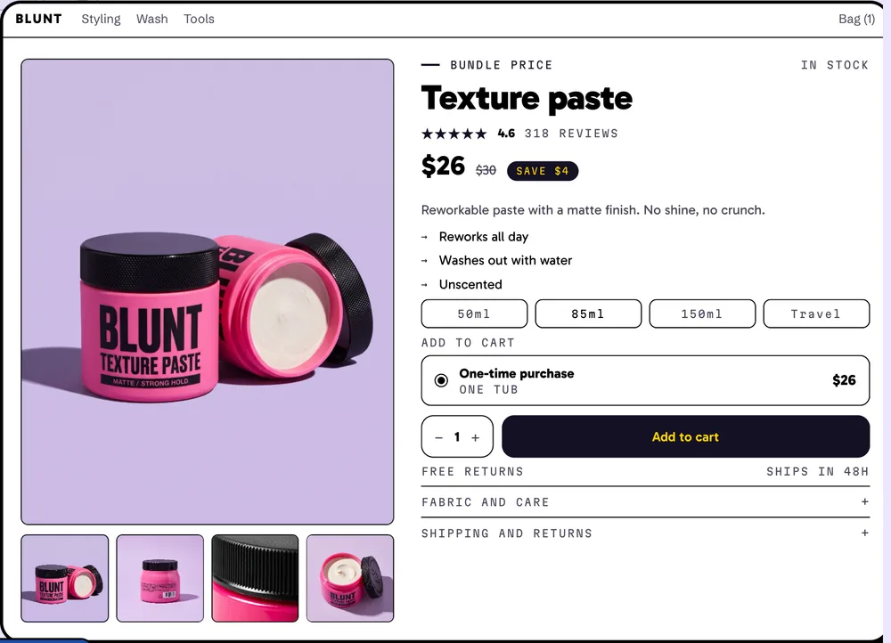 Blunt's texture paste product page in the neo-brutalist style: lavender, heavy type, a black button with yellow text