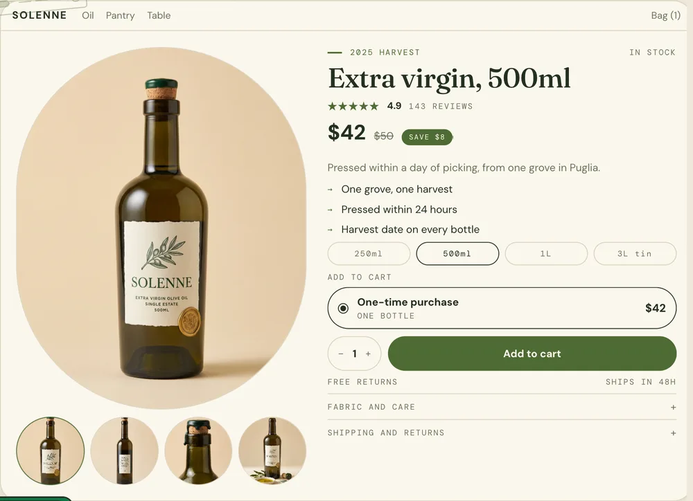 Solenne's olive oil product page in the organic style: cream background, serif headline, round image, an olive green button