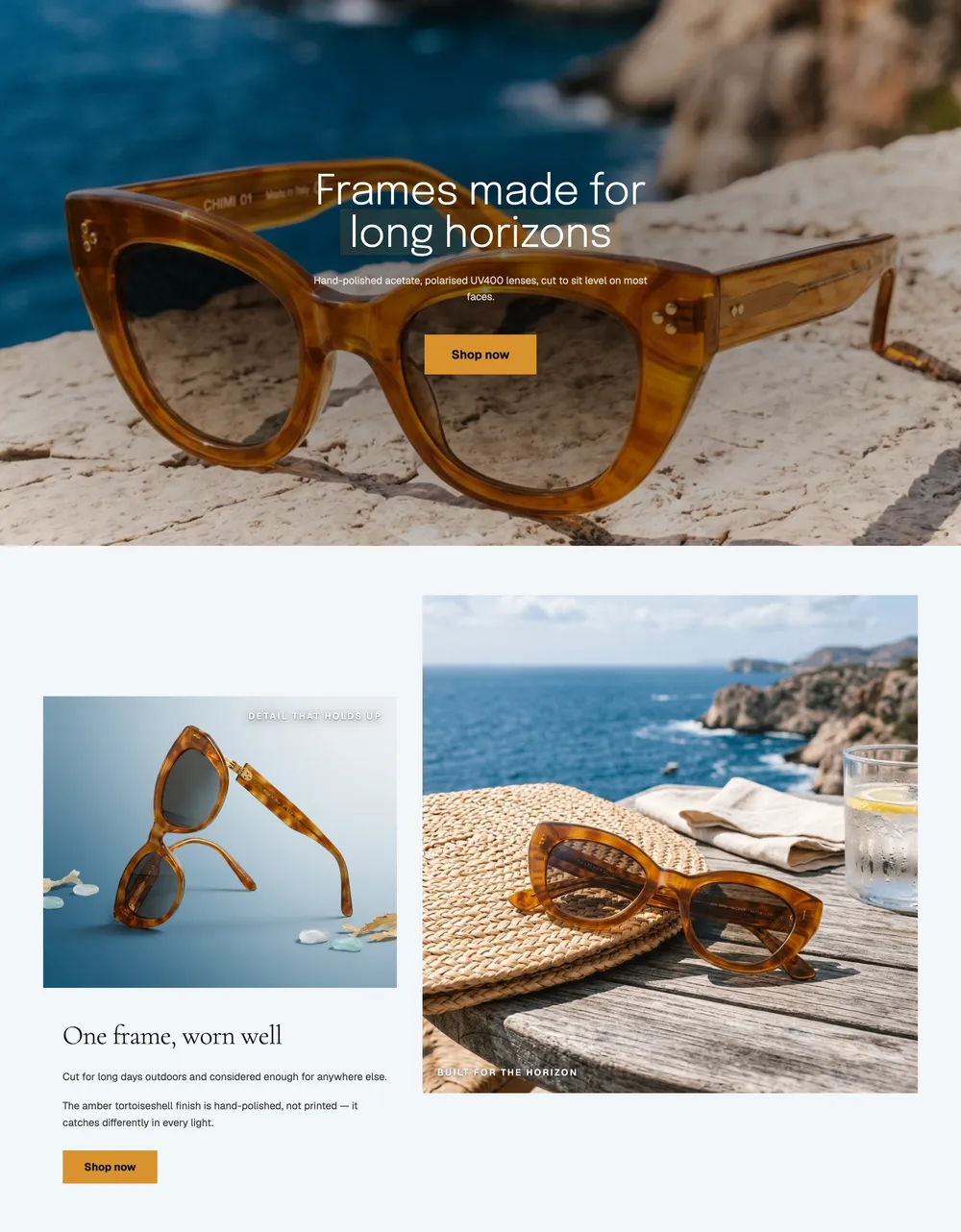 Meridian Optics' home page: a full-bleed hero photo of honey cat-eye sunglasses on a sunlit rock, 'Frames made for long horizons', then a lookbook: two large photos of tortoiseshell cat-eye sunglasses, one in studio light and one on a table by the sea, with a short headline, 'One frame, worn well'