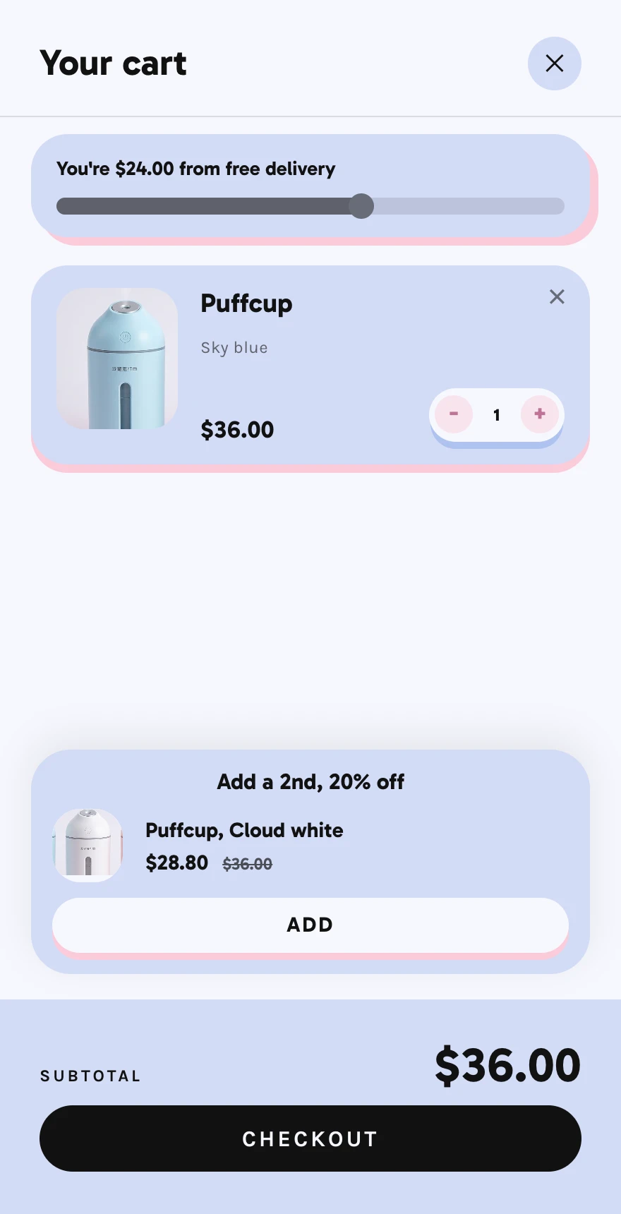 Puffcup's cart with one $36 humidifier, a bar saying you're $24.00 from free delivery, and one offer: add a 2nd, 20% off, a white Puffcup at $28.80 instead of $36.00