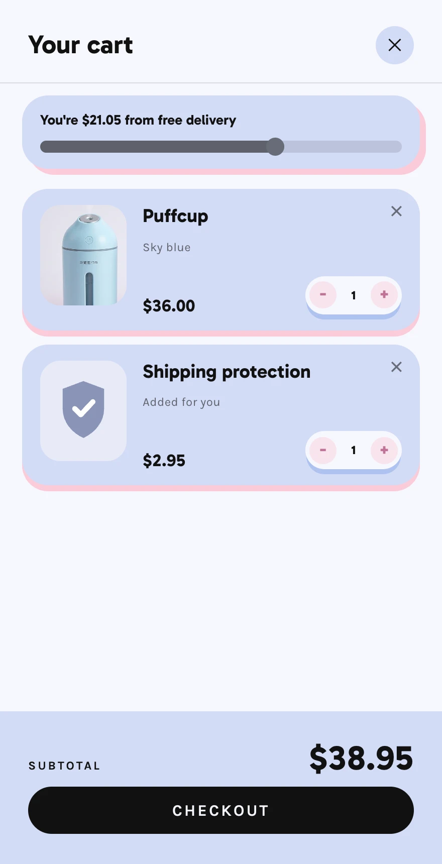Puffcup's cart with the humidifier and a Shipping protection line for $2.95 marked Added for you, which the shopper never chose