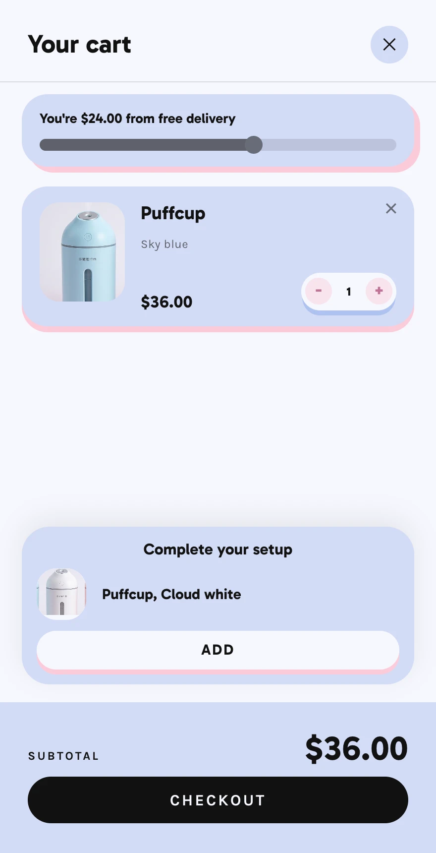 Puffcup's cart with an offer reading Complete your setup, a white Puffcup and an Add button, and no price anywhere on the offer
