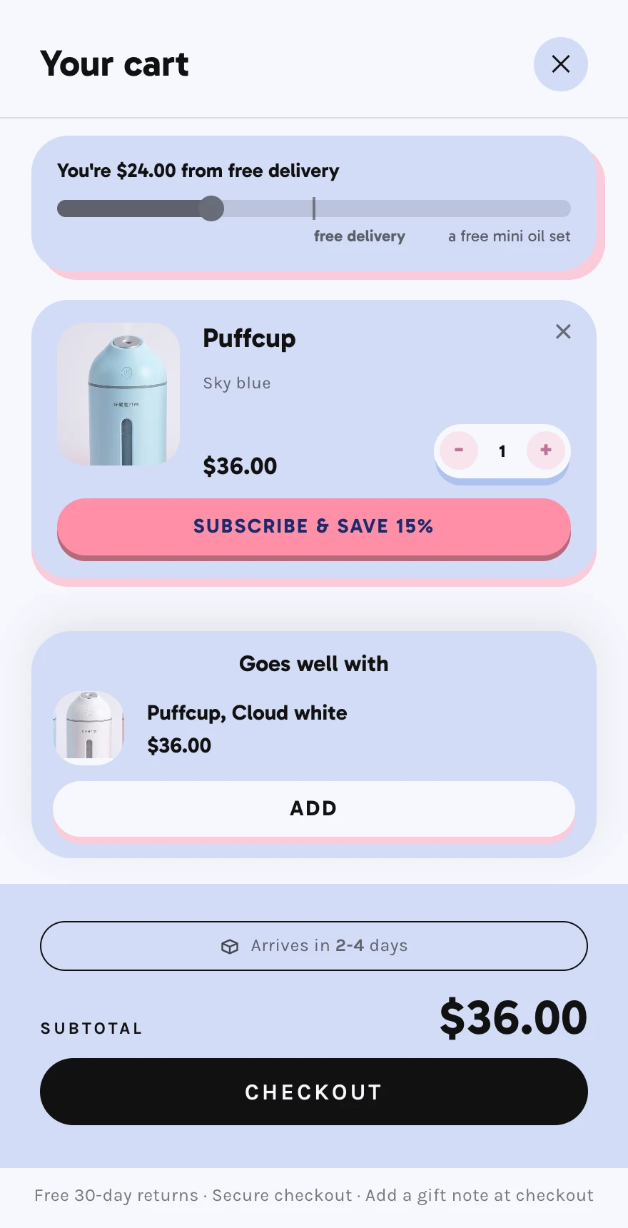 Puffcup's cart with one humidifier and four asks: a bar with two goals, free delivery and a free mini oil set, a Subscribe and save 15% button under the humidifier, and a Goes well with box offering a second one