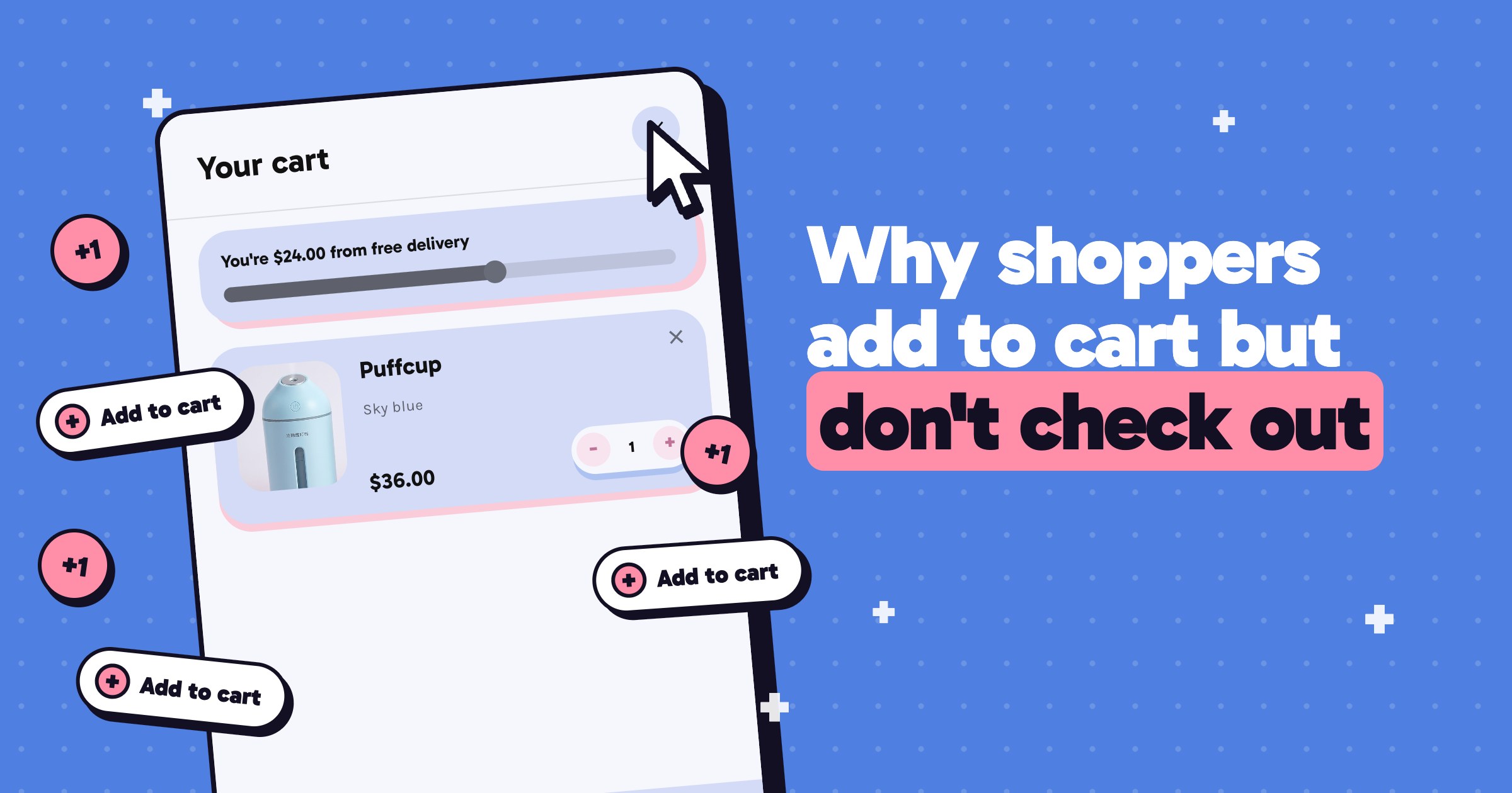 Cover - "Why shoppers add to cart but don't check out" on Puffcup blue: a cart drawer with a cursor on its close button, and add to cart buttons floating around it